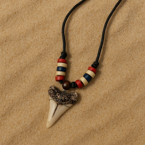 “Shark Tooth Tribal Necklace — Surf Boho Handmade Jewelry" - Picture 2 of 6